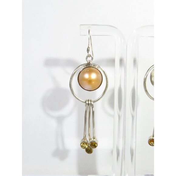 Modernist Pearl Dangling Earring Set Colored Glass Stones Sterling Silver - Picture 4 of 8